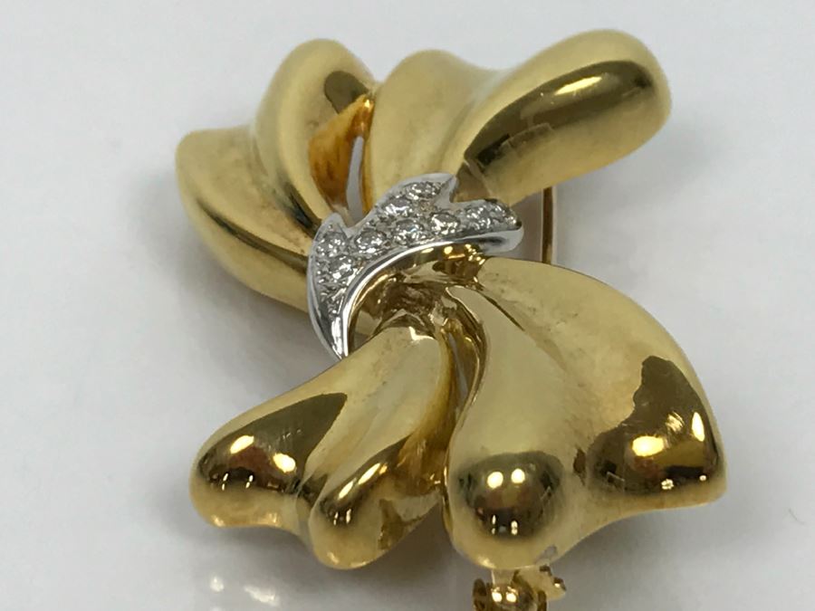 18K Yellow Gold Diamond Bow Brooch .25Cttw 12.4g FMV $1,000 [Photo 11]