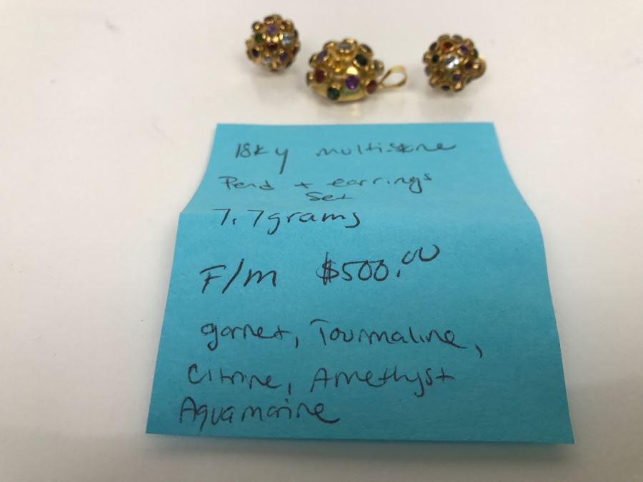 18K Yellow Gold Mult-Stone Pendant And Earring Set With Garnet, Tourmaline, Citrine, Amethyst And Aquamarine 7.7g FMV $500 [Photo 23]