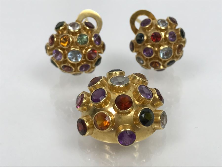 18K Yellow Gold Mult-Stone Pendant And Earring Set With Garnet, Tourmaline, Citrine, Amethyst And Aquamarine 7.7g FMV $500 [Photo 3]