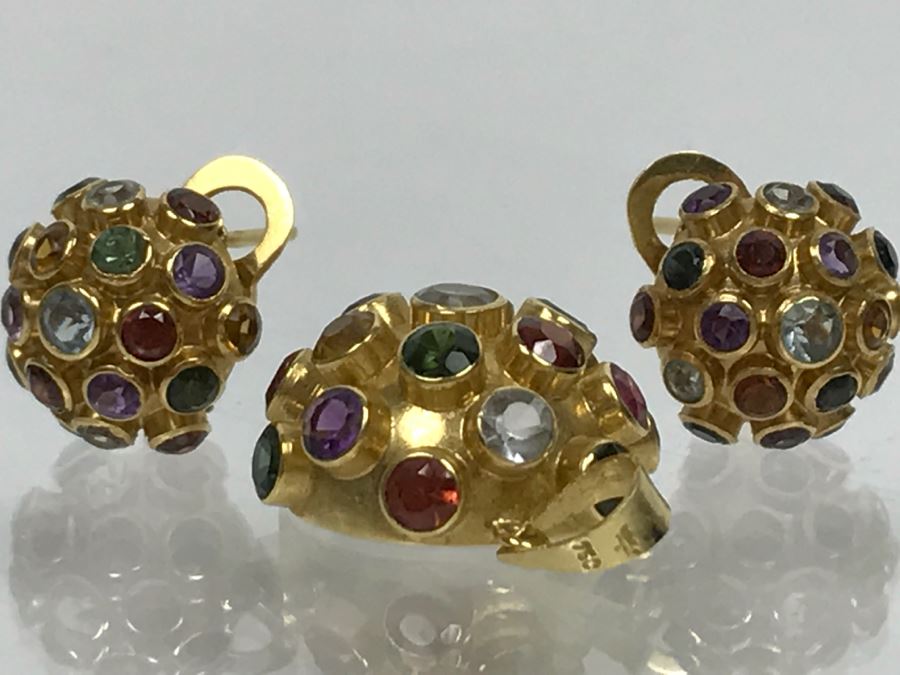 18K Yellow Gold Mult-Stone Pendant And Earring Set With Garnet, Tourmaline, Citrine, Amethyst And Aquamarine 7.7g FMV $500 [Photo 20]