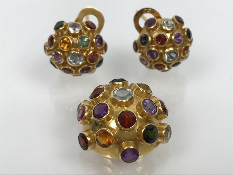 18K Yellow Gold Mult-Stone Pendant And Earring Set With Garnet, Tourmaline, Citrine, Amethyst And Aquamarine 7.7g FMV $500 [Photo 10]