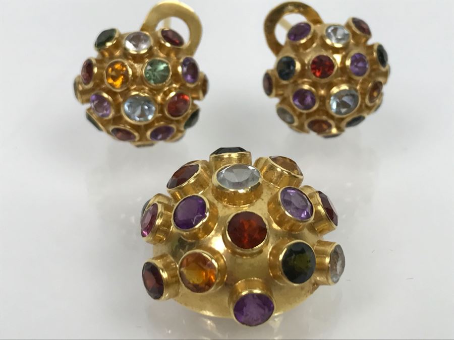 18K Yellow Gold Mult-Stone Pendant And Earring Set With Garnet, Tourmaline, Citrine, Amethyst And Aquamarine 7.7g FMV $500 [Photo 1]