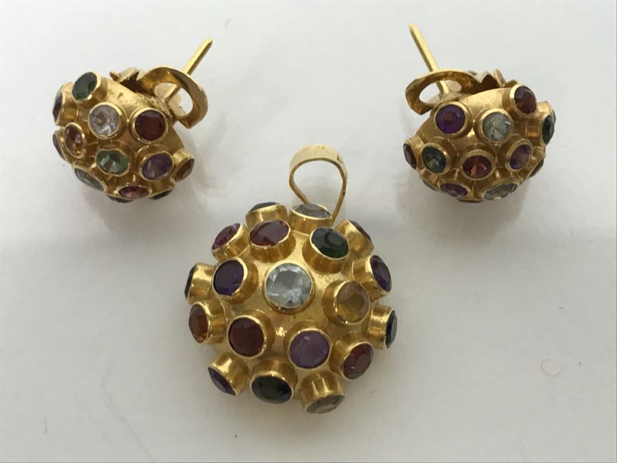 18K Yellow Gold Mult-Stone Pendant And Earring Set With Garnet ...