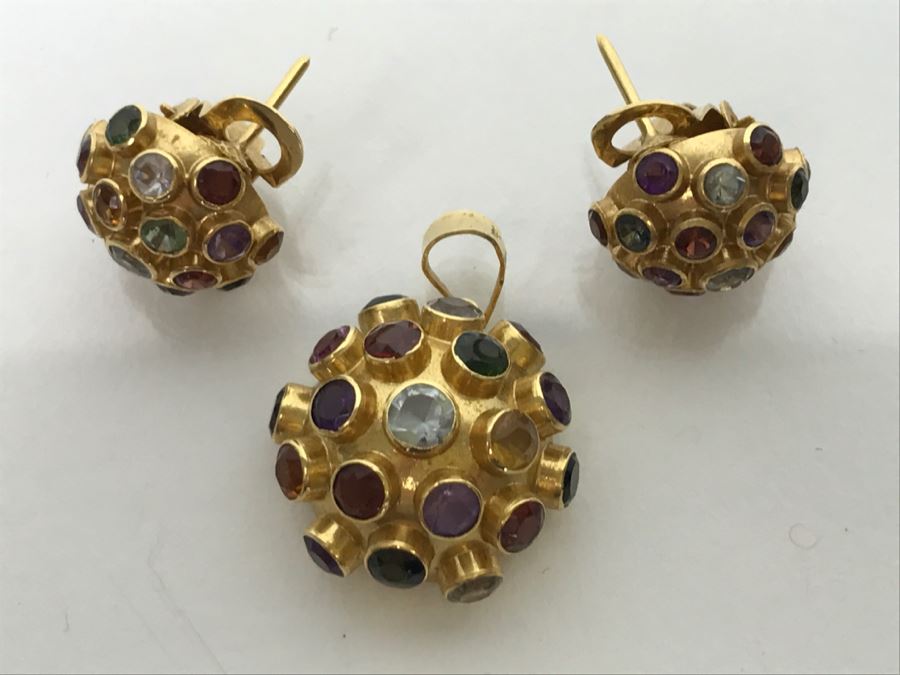 18K Yellow Gold Mult-Stone Pendant And Earring Set With Garnet, Tourmaline, Citrine, Amethyst And Aquamarine 7.7g FMV $500 [Photo 21]