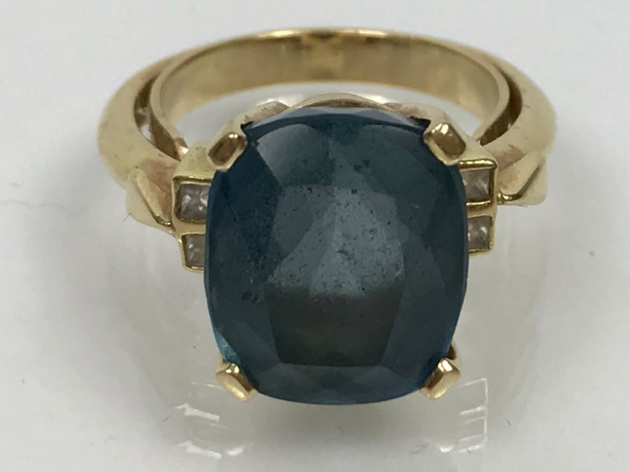 14K Yellow Gold London Blue Topaz And Diamond Ring 7.1g FMV $350 Ring Size 6 [Photo 16]