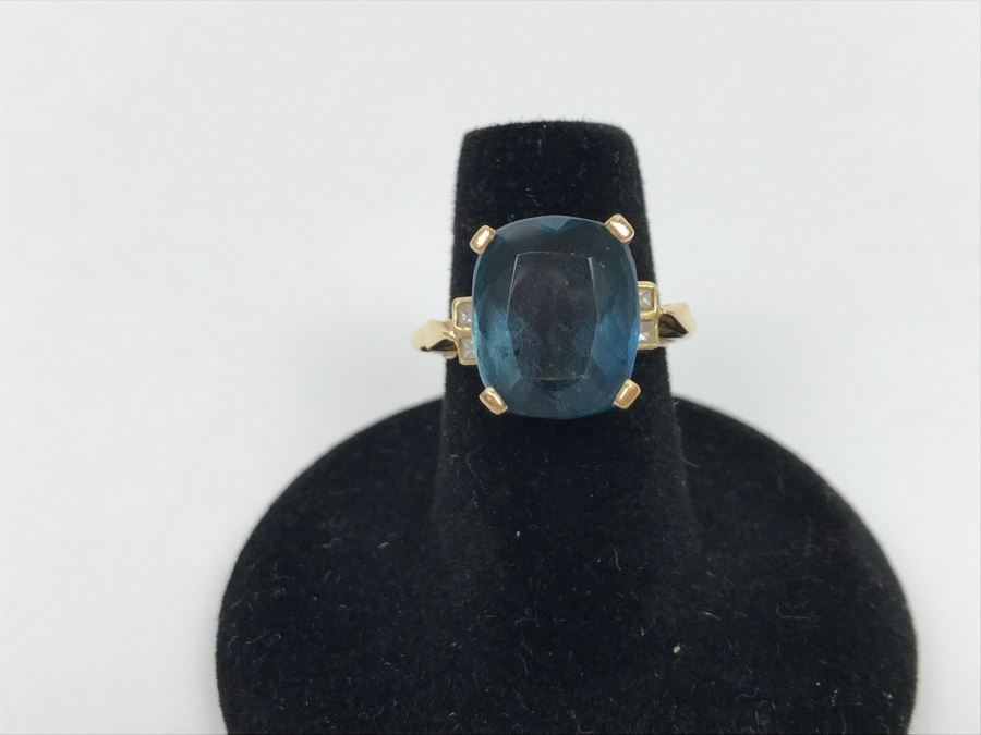 14K Yellow Gold London Blue Topaz And Diamond Ring 7.1g FMV $350 Ring Size 6 [Photo 4]