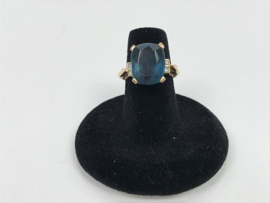 14K Yellow Gold London Blue Topaz And Diamond Ring 7.1g FMV $350 Ring Size 6 [Photo 5]