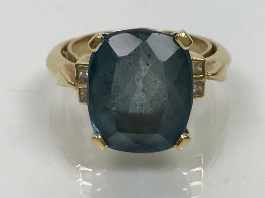 14K Yellow Gold London Blue Topaz And Diamond Ring 7.1g FMV $350 Ring Size 6 [Photo 15]