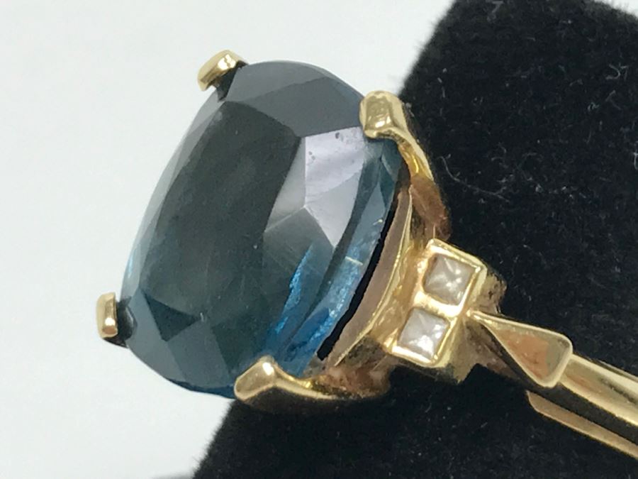 14K Yellow Gold London Blue Topaz And Diamond Ring 7.1g FMV $350 Ring Size 6 [Photo 11]