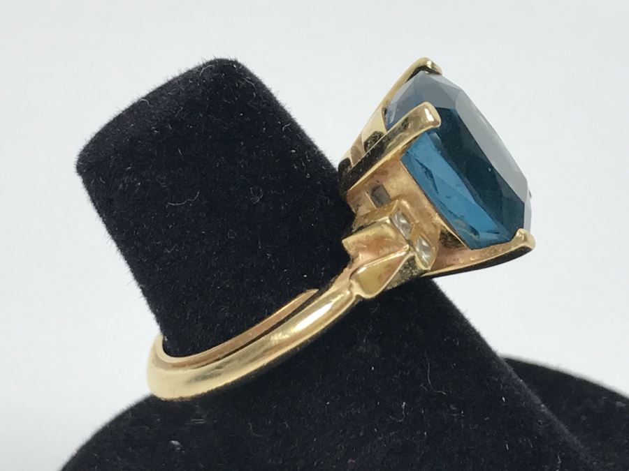 14K Yellow Gold London Blue Topaz And Diamond Ring 7.1g FMV $350 Ring Size 6 [Photo 8]