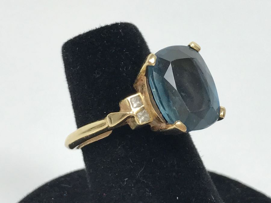 14K Yellow Gold London Blue Topaz And Diamond Ring 7.1g FMV $350 Ring Size 6 [Photo 2]