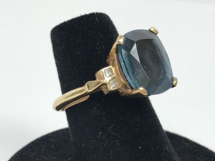 14K Yellow Gold London Blue Topaz And Diamond Ring 7.1g FMV $350 Ring Size 6 [Photo 6]
