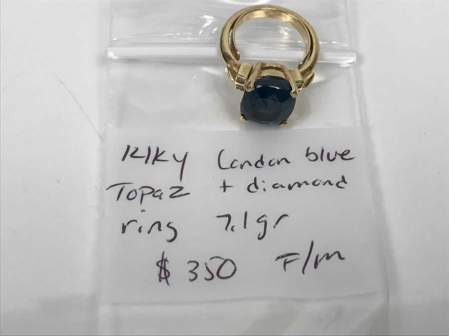 14K Yellow Gold London Blue Topaz And Diamond Ring 7.1g FMV $350 Ring Size 6 [Photo 23]