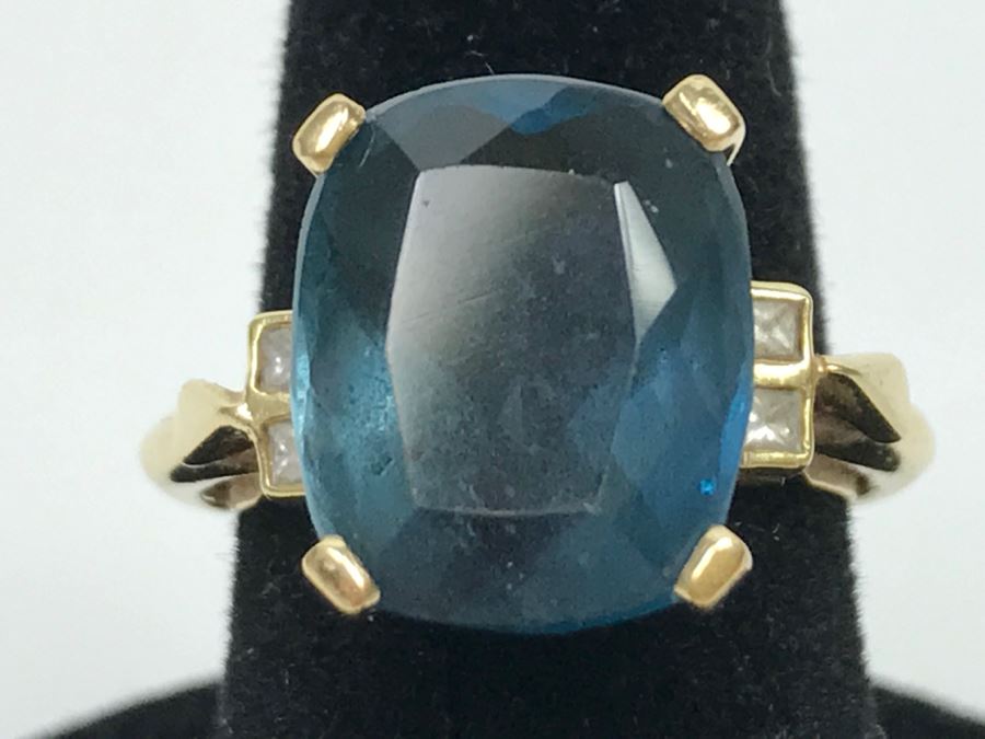 14K Yellow Gold London Blue Topaz And Diamond Ring 7.1g FMV $350 Ring Size 6 [Photo 13]