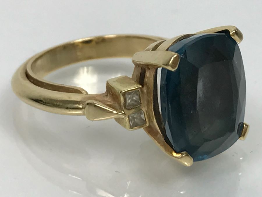 14K Yellow Gold London Blue Topaz And Diamond Ring 7.1g FMV $350 Ring Size 6 [Photo 17]