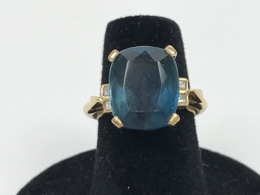 14K Yellow Gold London Blue Topaz And Diamond Ring 7.1g FMV $350 Ring Size 6 [Photo 1]