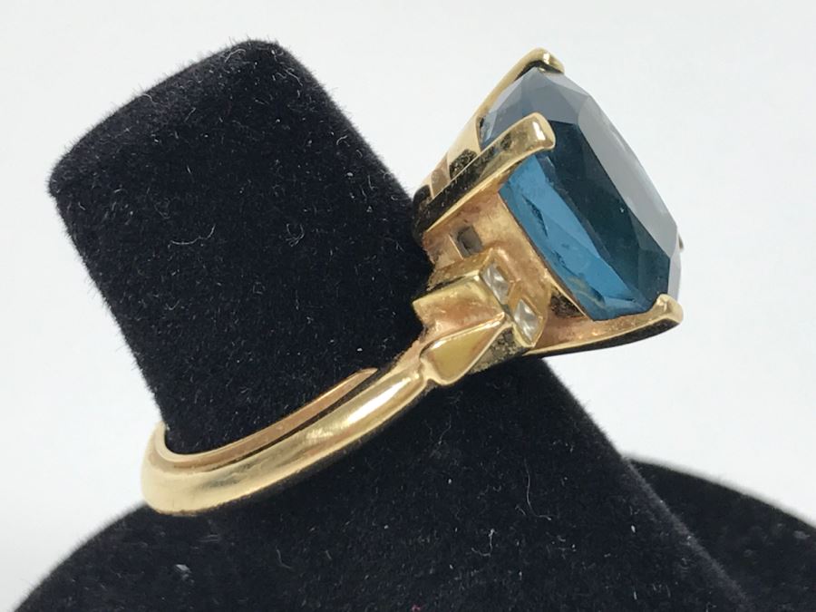 14K Yellow Gold London Blue Topaz And Diamond Ring 7.1g FMV $350 Ring Size 6 [Photo 7]