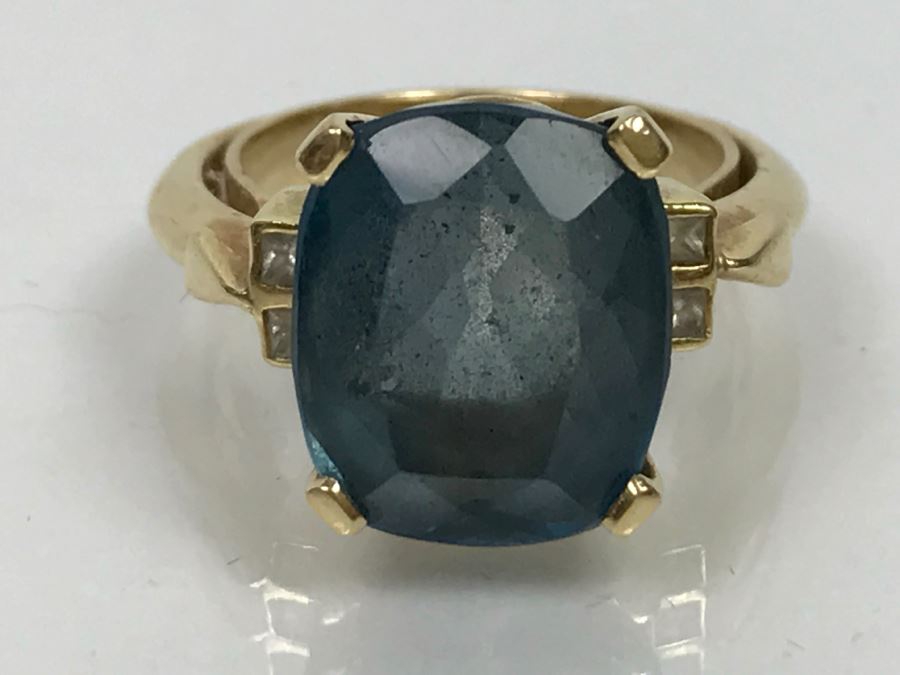 14K Yellow Gold London Blue Topaz And Diamond Ring 7.1g FMV $350 Ring Size 6 [Photo 14]