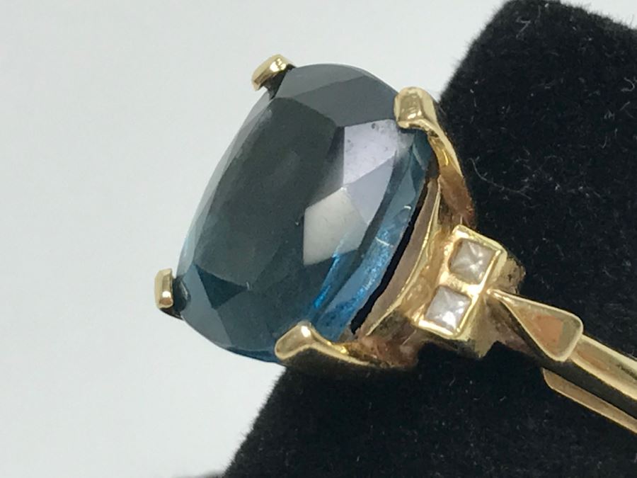 14K Yellow Gold London Blue Topaz And Diamond Ring 7.1g FMV $350 Ring Size 6 [Photo 12]