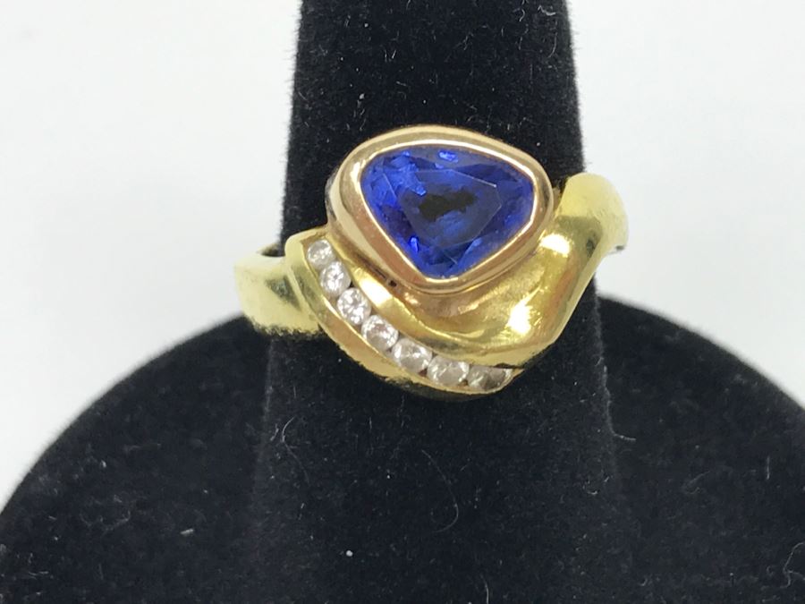 18K Yellow Gold Sapphire And Diamond Ring 8g FMV $1,250 Ring Size 6 [Photo 3]