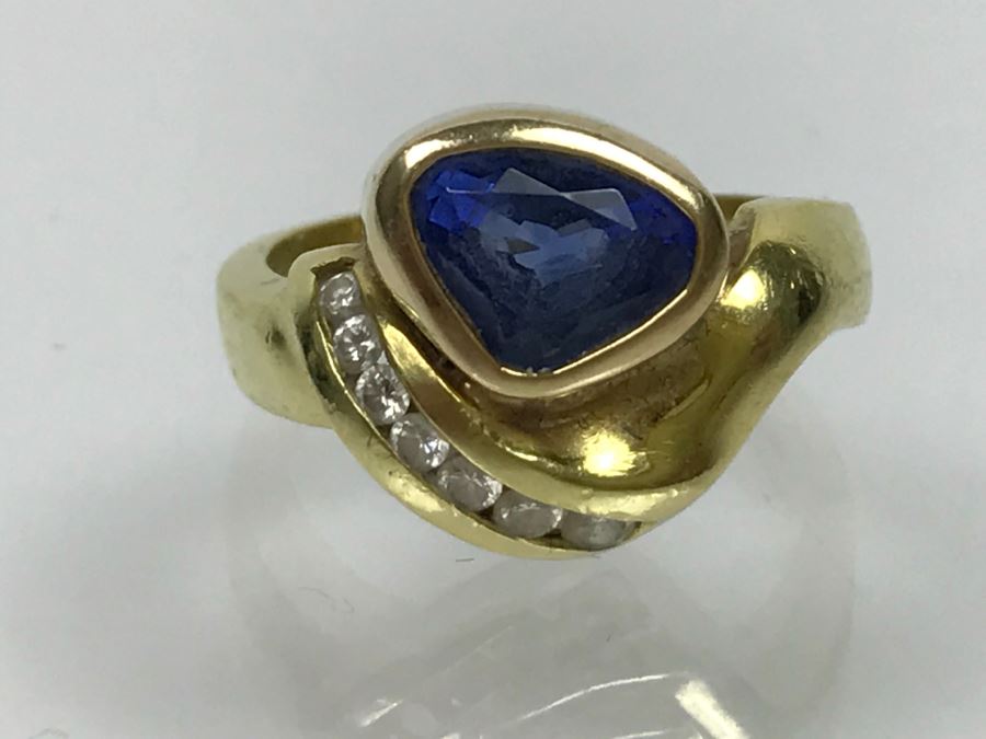 18K Yellow Gold Sapphire And Diamond Ring 8g FMV $1,250 Ring Size 6 [Photo 14]