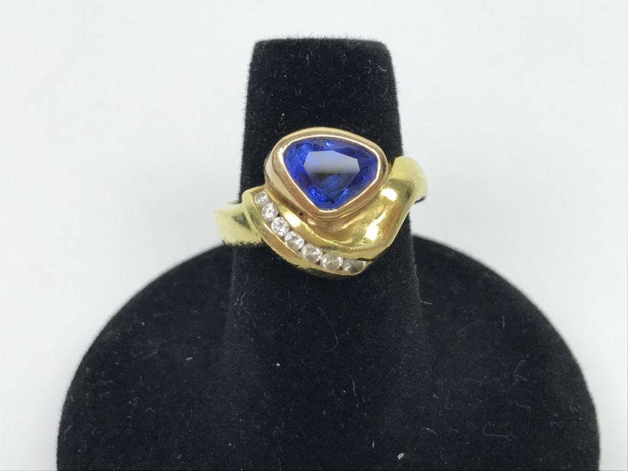 18K Yellow Gold Sapphire And Diamond Ring 8g FMV $1,250 Ring Size 6 [Photo 2]
