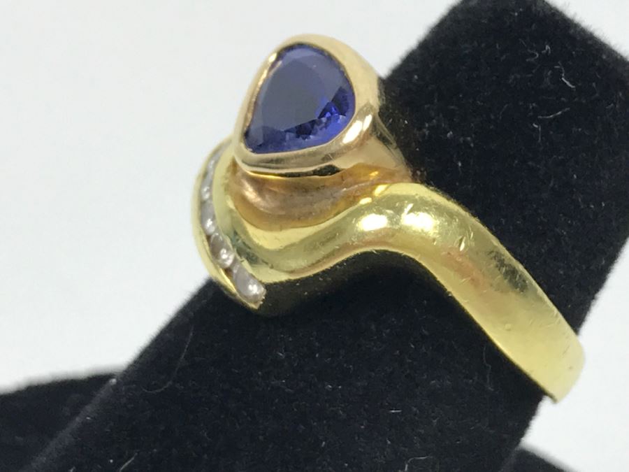 18K Yellow Gold Sapphire And Diamond Ring 8g FMV $1,250 Ring Size 6 [Photo 11]