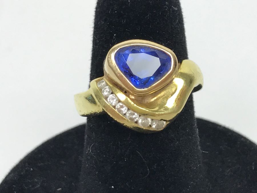 18K Yellow Gold Sapphire And Diamond Ring 8g FMV $1,250 Ring Size 6 [Photo 4]