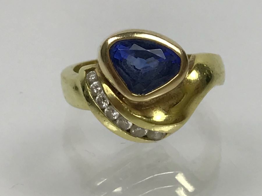 18K Yellow Gold Sapphire And Diamond Ring 8g FMV $1,250 Ring Size 6 [Photo 15]