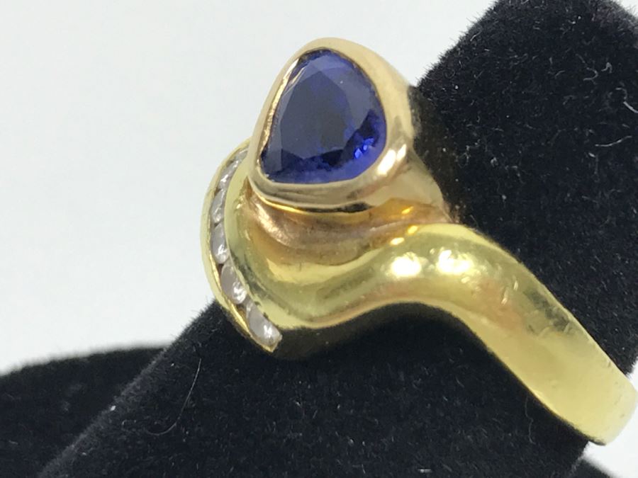 18K Yellow Gold Sapphire And Diamond Ring 8g FMV $1,250 Ring Size 6 [Photo 12]