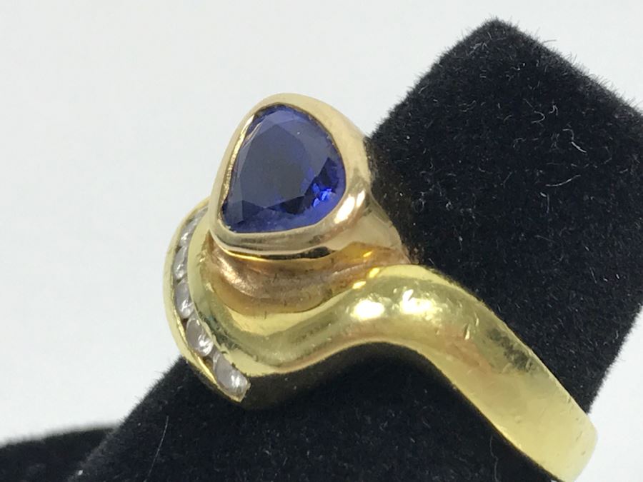 18K Yellow Gold Sapphire And Diamond Ring 8g FMV $1,250 Ring Size 6 [Photo 10]