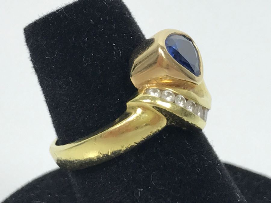 18K Yellow Gold Sapphire And Diamond Ring 8g FMV $1,250 Ring Size 6 [Photo 7]