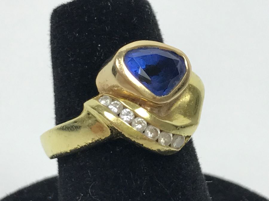 18K Yellow Gold Sapphire And Diamond Ring 8g FMV $1,250 Ring Size 6 [Photo 5]