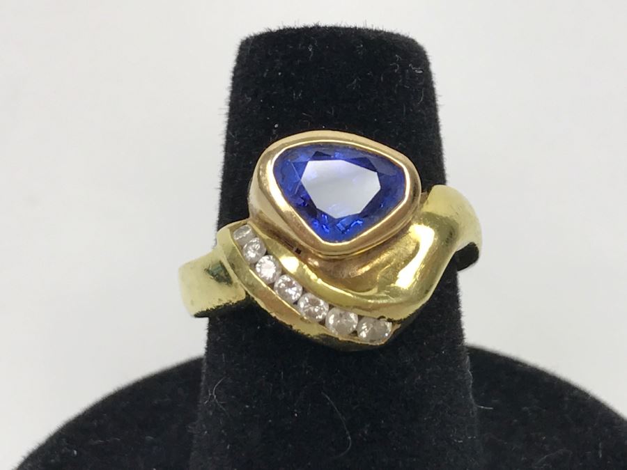 18K Yellow Gold Sapphire And Diamond Ring 8g FMV $1,250 Ring Size 6 [Photo 1]