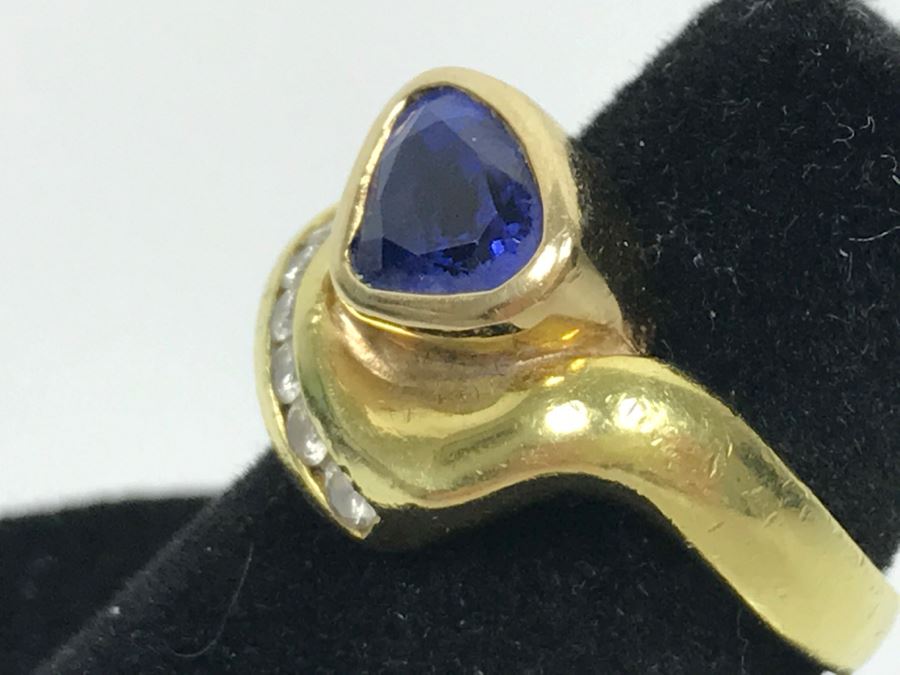 18K Yellow Gold Sapphire And Diamond Ring 8g FMV $1,250 Ring Size 6 [Photo 13]