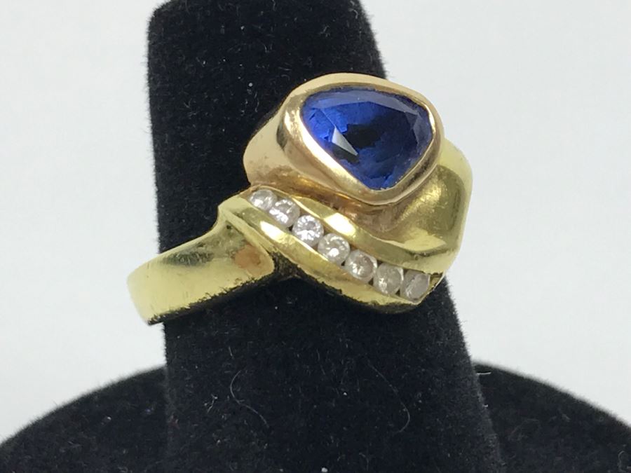 18K Yellow Gold Sapphire And Diamond Ring 8g FMV $1,250 Ring Size 6 [Photo 6]
