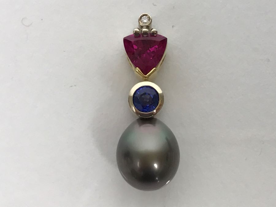 18K 2-Tone 1.18Ct Tourmaline, .28Ct Sapphire, 13X10MM Tahitian Pearl Pendant With Diamond 5.6g FMV $800 [Photo 13]