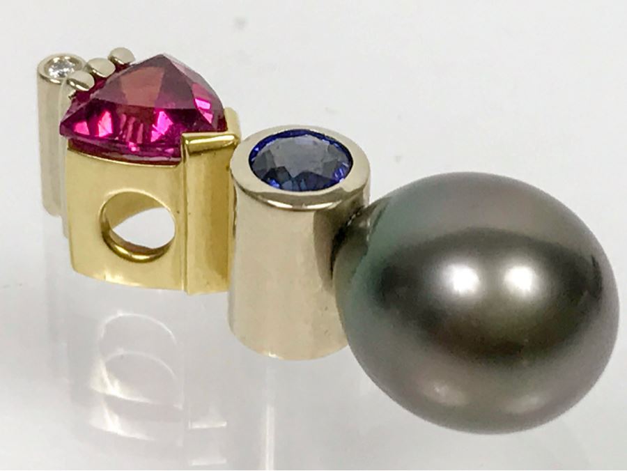 18K 2-Tone 1.18Ct Tourmaline, .28Ct Sapphire, 13X10MM Tahitian Pearl Pendant With Diamond 5.6g FMV $800 [Photo 29]