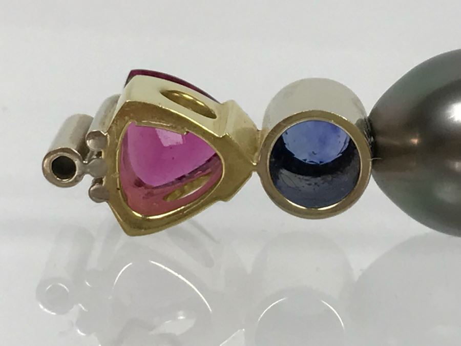 18K 2-Tone 1.18Ct Tourmaline, .28Ct Sapphire, 13X10MM Tahitian Pearl Pendant With Diamond 5.6g FMV $800 [Photo 9]