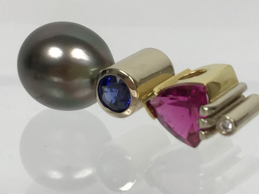 18K 2-Tone 1.18Ct Tourmaline, .28Ct Sapphire, 13X10MM Tahitian Pearl Pendant With Diamond 5.6g FMV $800 [Photo 5]