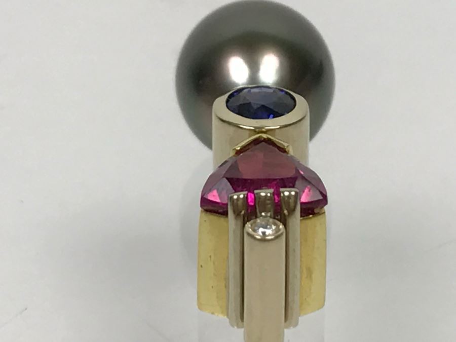 18K 2-Tone 1.18Ct Tourmaline, .28Ct Sapphire, 13X10MM Tahitian Pearl Pendant With Diamond 5.6g FMV $800 [Photo 21]