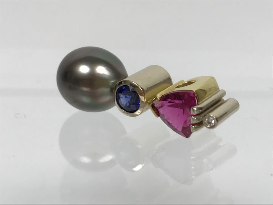 18K 2-Tone 1.18Ct Tourmaline, .28Ct Sapphire, 13X10MM Tahitian Pearl Pendant With Diamond 5.6g FMV $800 [Photo 4]