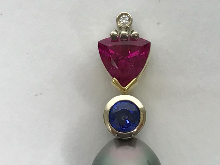 18K 2-Tone 1.18Ct Tourmaline, .28Ct Sapphire, 13X10MM Tahitian Pearl Pendant With Diamond 5.6g FMV $800 [Photo 16]
