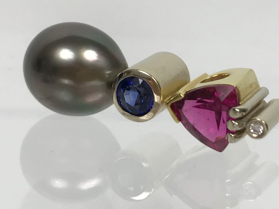 18K 2-Tone 1.18Ct Tourmaline, .28Ct Sapphire, 13X10MM Tahitian Pearl Pendant With Diamond 5.6g FMV $800 [Photo 6]