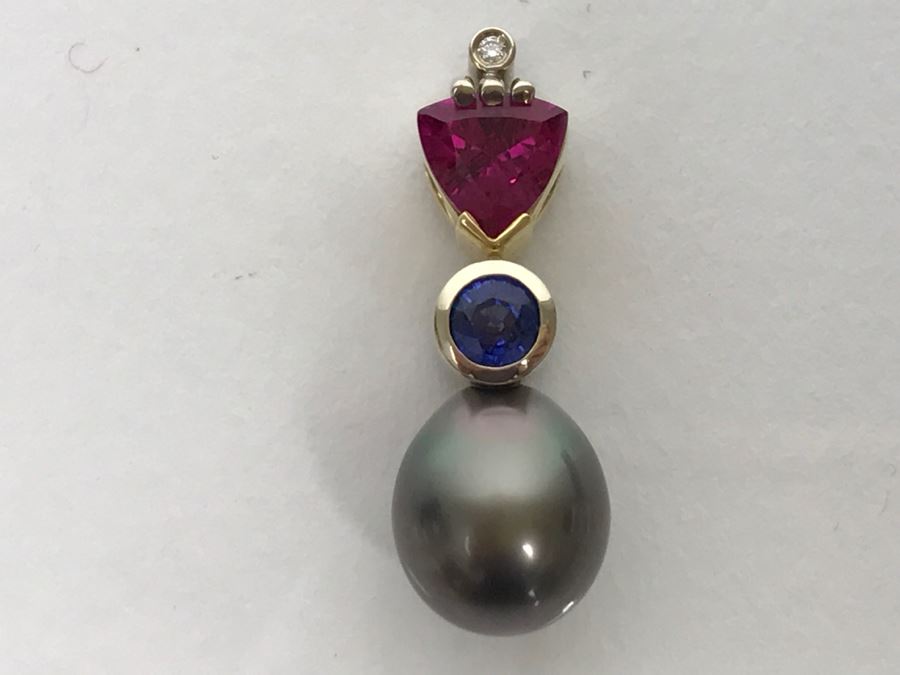 18K 2-Tone 1.18Ct Tourmaline, .28Ct Sapphire, 13X10MM Tahitian Pearl Pendant With Diamond 5.6g FMV $800 [Photo 14]