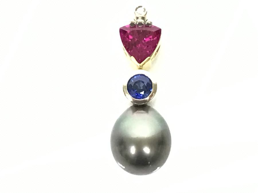 18K 2-Tone 1.18Ct Tourmaline, .28Ct Sapphire, 13X10MM Tahitian Pearl Pendant With Diamond 5.6g FMV $800 [Photo 1]