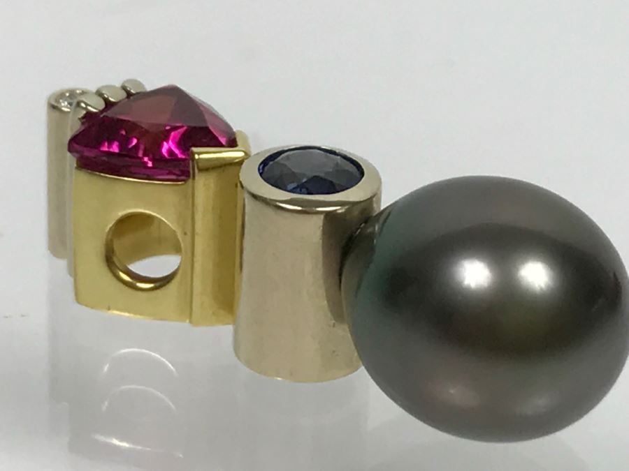 18K 2-Tone 1.18Ct Tourmaline, .28Ct Sapphire, 13X10MM Tahitian Pearl Pendant With Diamond 5.6g FMV $800 [Photo 18]