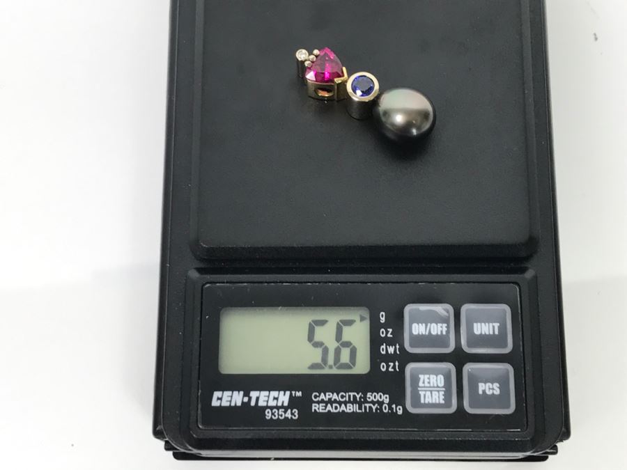 18K 2-Tone 1.18Ct Tourmaline, .28Ct Sapphire, 13X10MM Tahitian Pearl Pendant With Diamond 5.6g FMV $800 [Photo 27]