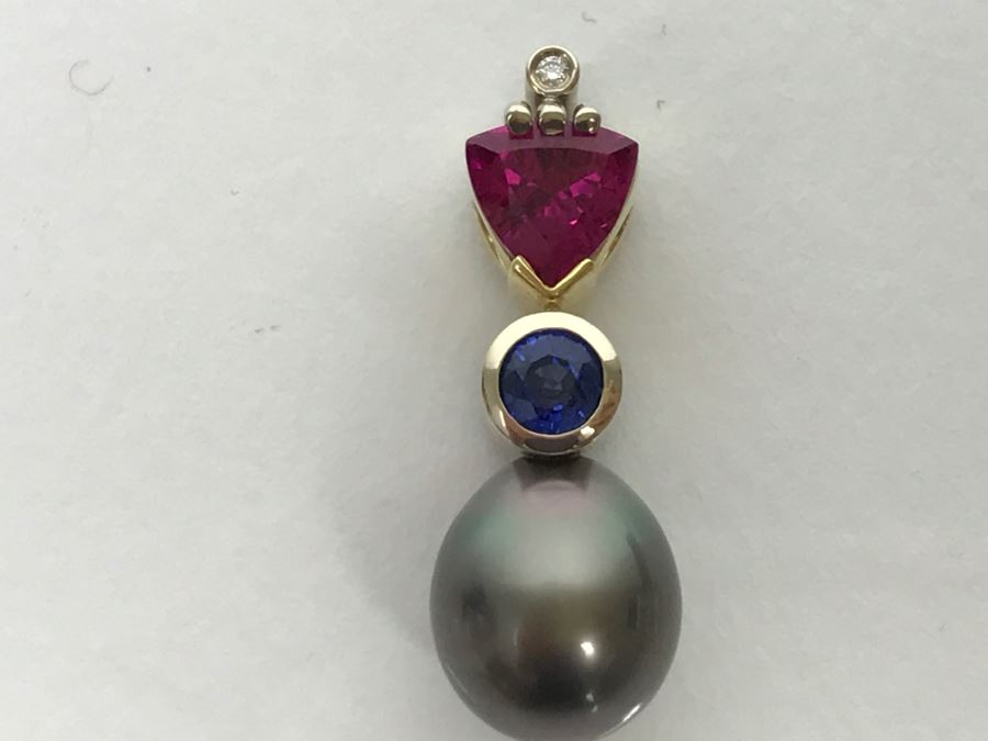 18K 2-Tone 1.18Ct Tourmaline, .28Ct Sapphire, 13X10MM Tahitian Pearl Pendant With Diamond 5.6g FMV $800 [Photo 11]