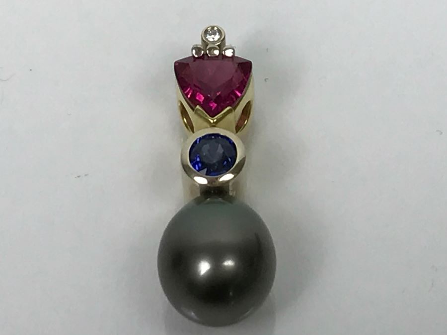 18K 2-Tone 1.18Ct Tourmaline, .28Ct Sapphire, 13X10MM Tahitian Pearl Pendant With Diamond 5.6g FMV $800 [Photo 17]